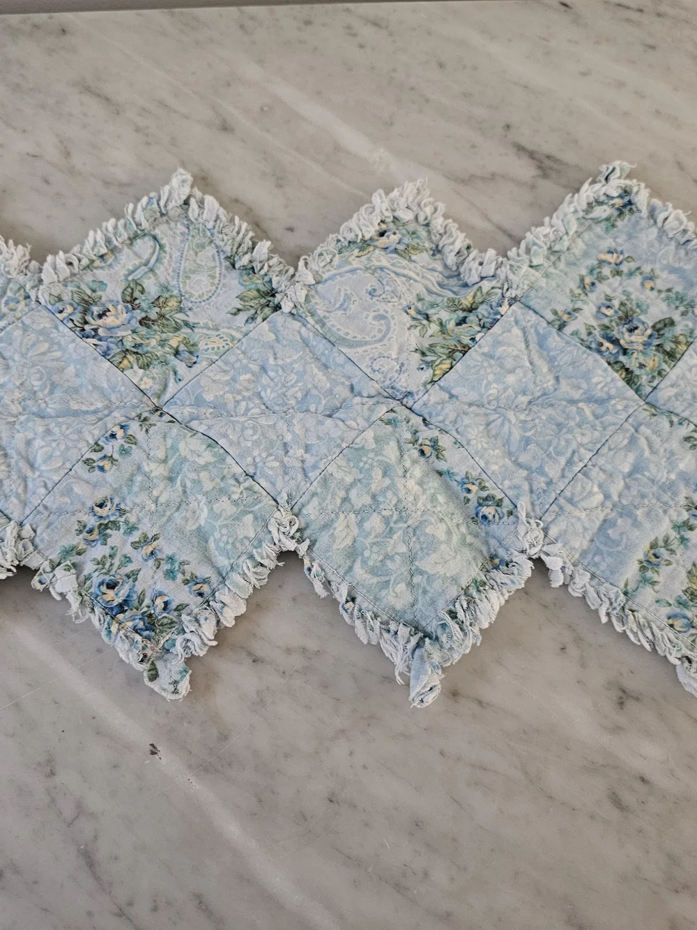 Handmade Blue Floral Rag Quilt Table Runner Cottage Farmhouse 35